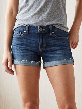American Eagle Low Rise Midi Denim Shorts Dark Wash Raw Hem Size 6
